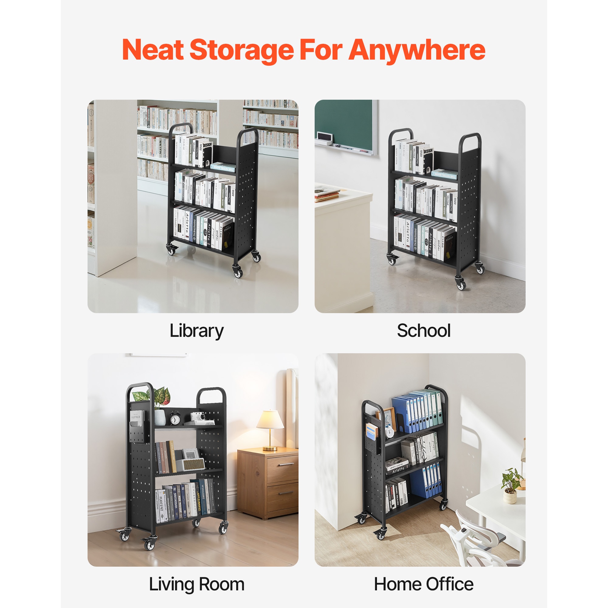 3-tier Rolling Book Cart With V-shaped Shelves In Black_voghion.com